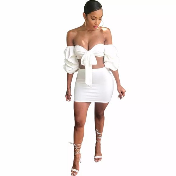 White Off Shoulder W/Skirt Two Piece - Picture 3 of 3